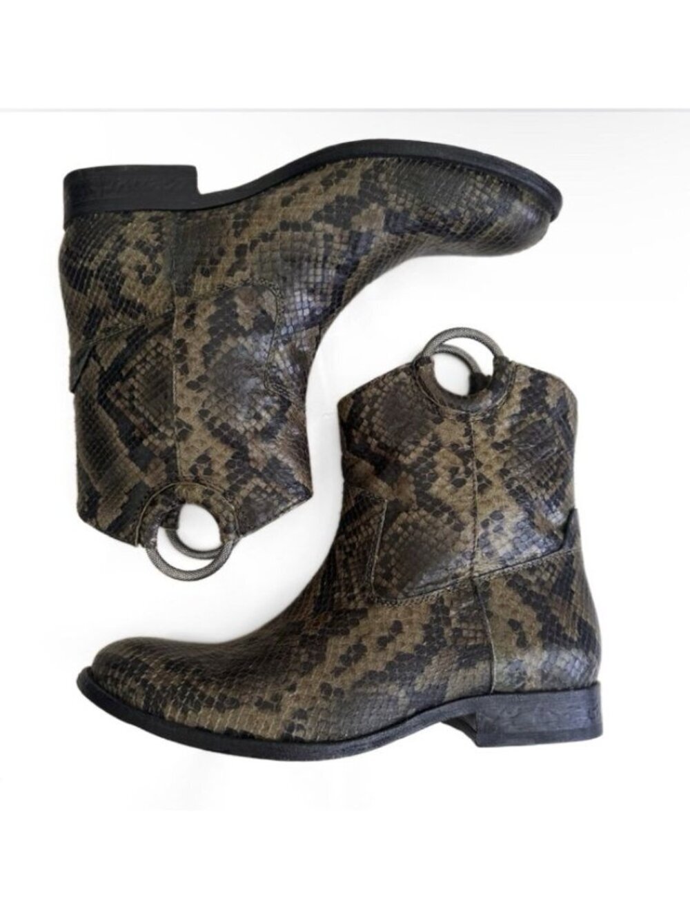 Rare Frye Snake Leather Melissa Ring Pull On Short Boots Women 8.5 B Olive - Picture 2 of 8